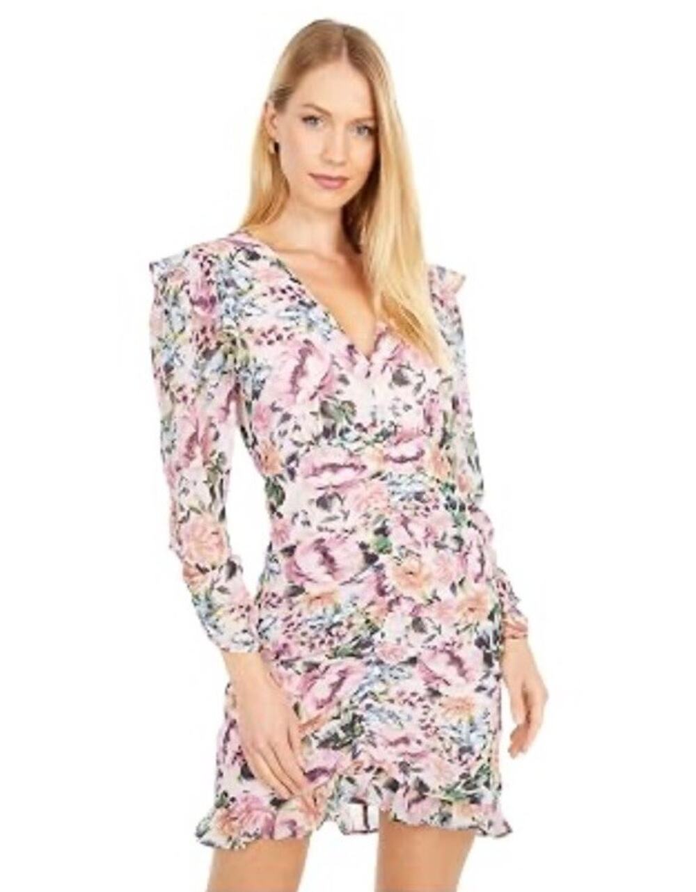 NWT ASTR The Label Kimbra Floral Ruched Mini Dress Pink Multi Long Sleeve Size S